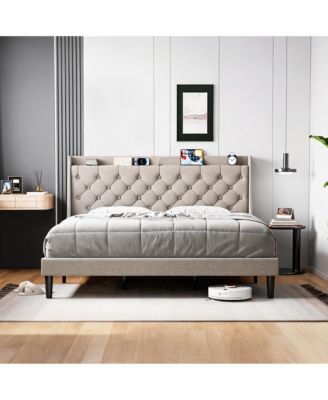Upholstered Platform Bed Frame with Button Tufted Headboard, Storage Shelf and USB Charging Station, Steel Support, Noise-Free, Easy Assembly