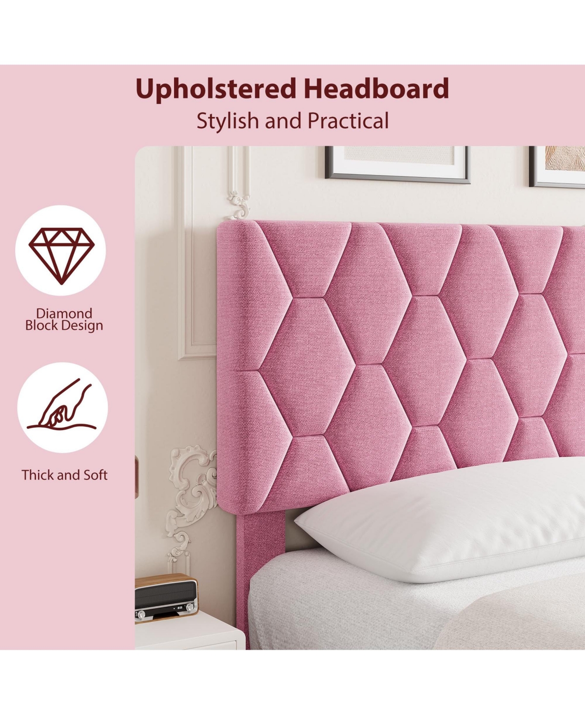 homfan Bed Frame with Upholstered Headboard, Heavy-Duty Platform Bed Frame with Strong Wood Slats, No Box Spring Needed, Noise Free, Easy Assembly