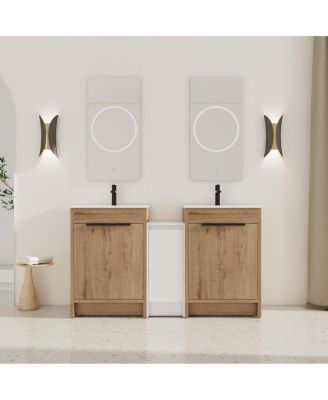 Freestanding Double Bathroom Vanity Set with Ceramic Sinks, Plywood Cabinets, Center Storage for Modern Bathrooms