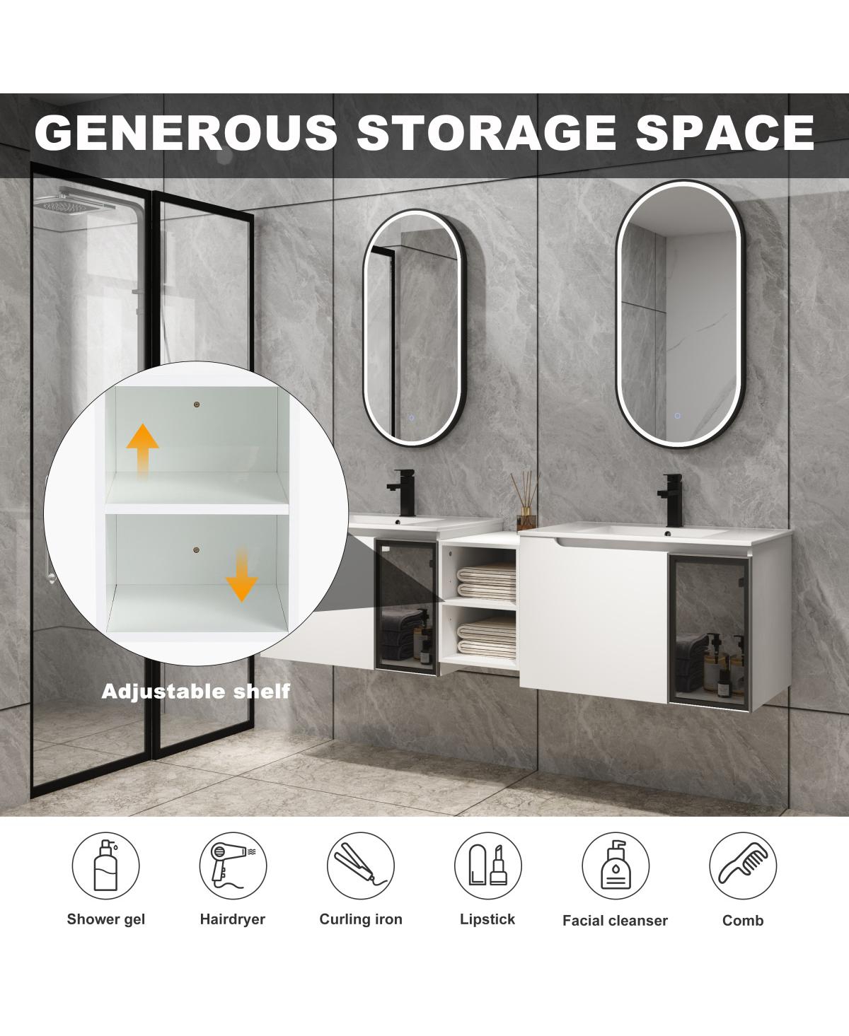 Sillysis Double Sink Wall Mounted Bathroom Vanity with Ceramic Basin, Modern Floating Plywood Cabinet