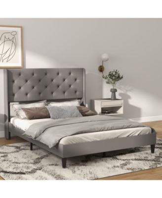 Bed Frame with Headboard, Upholstered Bed Frame with Silent Cotton, Foot Plugs, Strong Wooden Slats, No Box Spring Needed, Noise Free