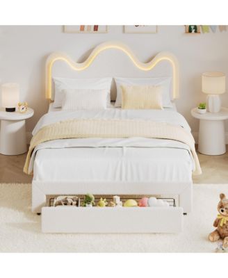 LED Upholstered Platform Bed, Adjustable Petal Headboard, Storage Drawer, Boucle Lamb Fleece, Wood Slats, No Box Spring Needed