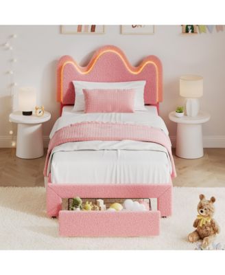 LED Upholstered Platform Bed, Adjustable Petal Headboard, Storage Drawer, Boucle Lamb Fleece, Wood Slats, No Box Spring Needed