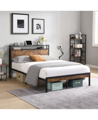 Queen Size Metal Platform Bed Frame with Wooden Headboard and Footboard, USB Ports, No Box Spring Needed, 10inch Under-Bed Storage
