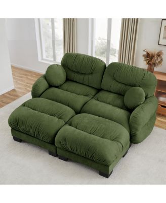 Pleated Chenille 2-Seater Modular Sofa with 2 Ottomans and Pillows