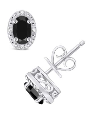 Onyx & Diamond Accent Oval Stud Earrings in Sterling Silver (Also in Labradorite & Turquoise)