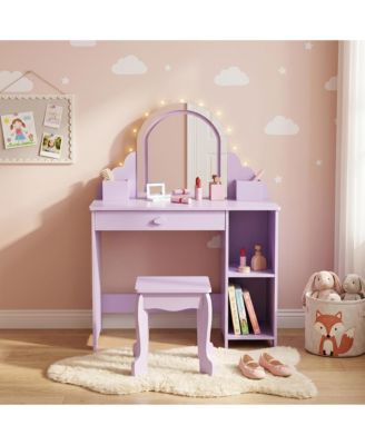 Elegant Vanity Desk with Mirror and Lights, Princess Makeup Table with Stool, Drawer and Open Storage Shelves, Wooden Dressing Table