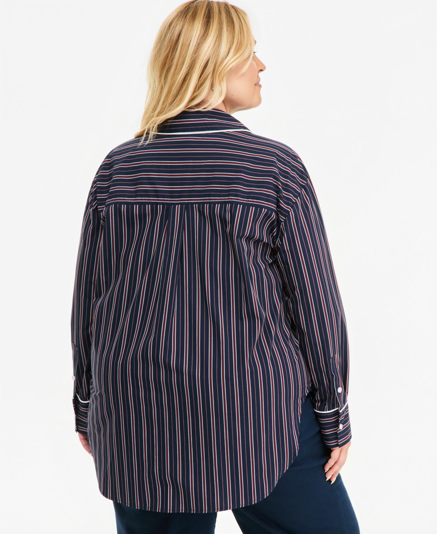 Женская рубашка On 34th Plus Size Striped Poplin Long-Sleeve Button Down Shirt, цвет: Тёмно-синий комбинированный — фото 4