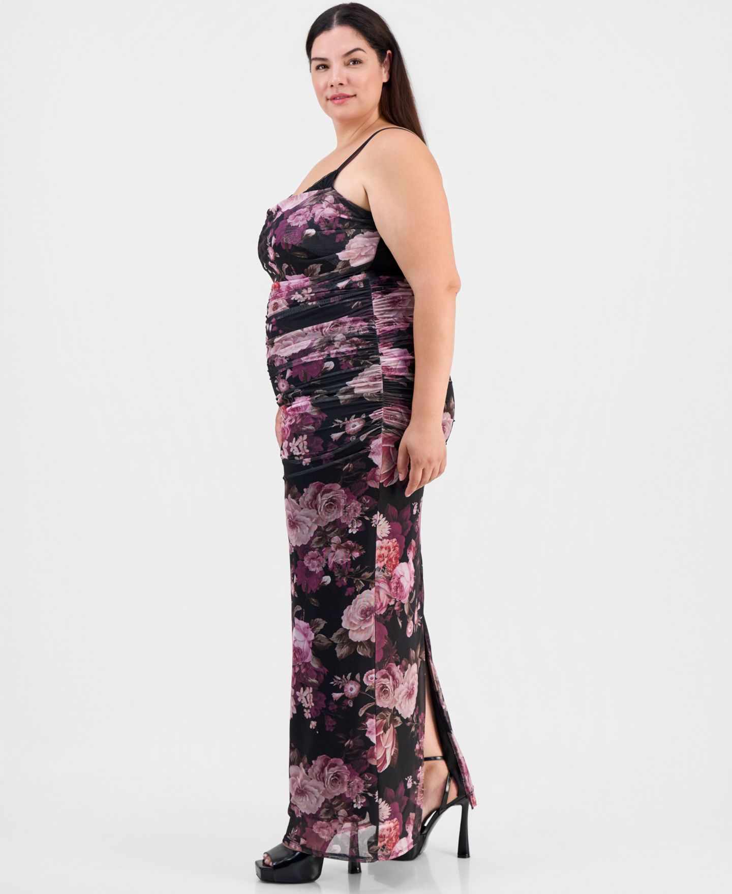 Женское платье Emerald Sundae Plus Size Floral Ruched Maxi, цвет: Чёрный / Фиолетовый — фото 2
