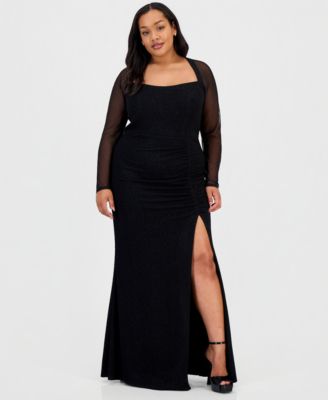 Trendy Plus Size Mesh-Sleeve High-Slit Gown
