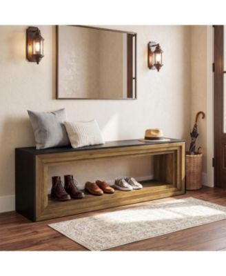 63" Long Entryway Bench with Shoe Storage, 2-Tier Farmhouse Shoe Bench Wooden Indoor Seating with Layered Design