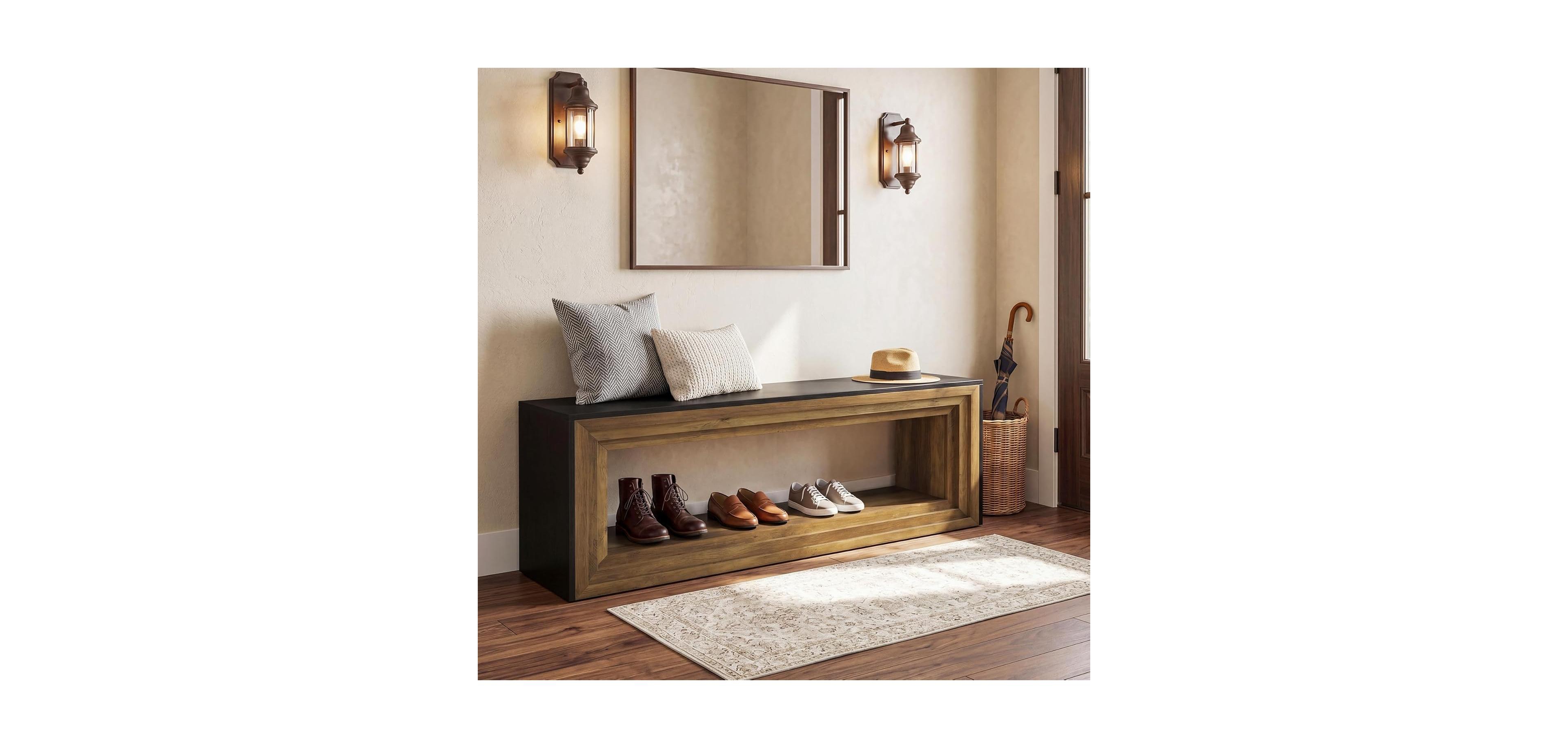 Tribesigns 63" Long Entryway Bench with Shoe Storage, 2-Tier Farmhouse Shoe Bench Wooden Indoor Seating with Layered Design