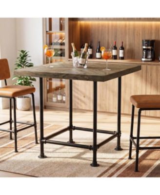 Square Bar Table, 35.4 Inch High Top Pub Table with Solid Wood Tabletop and Sturdy Metal Frame, Industrial Kitchen Cocktail Coffee