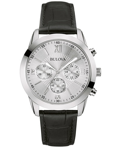 Bulova Men's Chronograph Black Leather Strap Watch 40mm 96A162