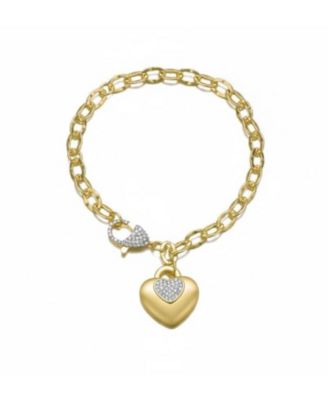 Matte 14K Gold Plated CZ Puff Heart Charm Chain Bracelet