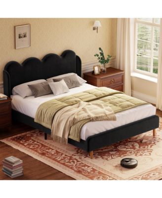 Upholstered Wingback Platform Bed with Scalloped Edges and Velvet Tufted Headboard, Easy Setup, Multiple Colors and Sizes