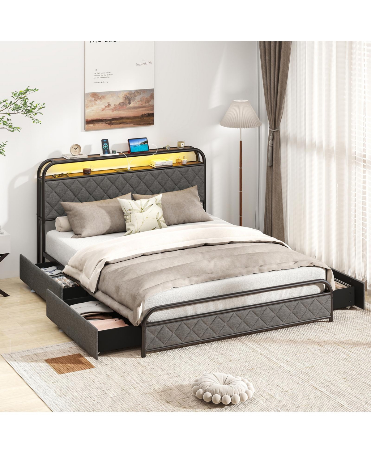Slickblue Modern Platform Bed Frame with Led Lighting and Power Outlet