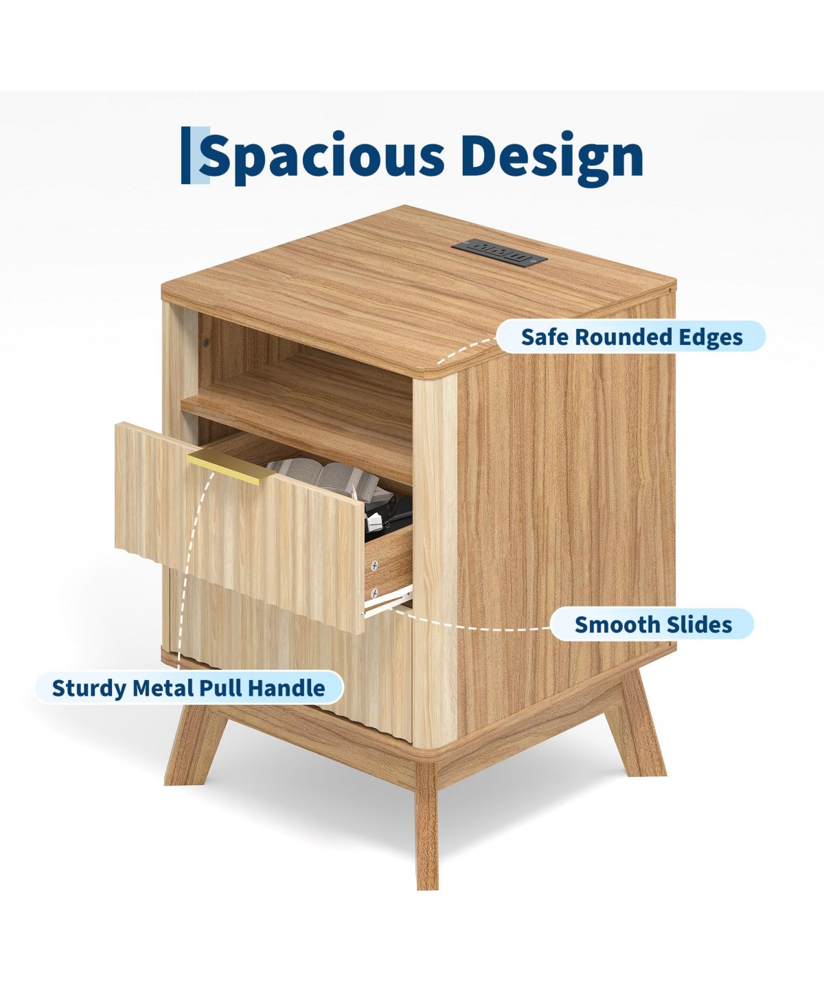 gaomon 18" Modern Fluted Nightstand with Charging Station, Curved Profile Side Table 2 Drawers, Multi-Functional End for Bedroom