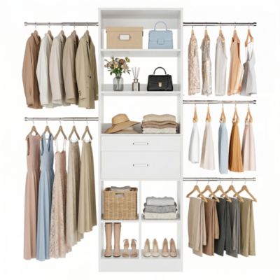 Wooden Closet Organizer with 2 Drawers and 5 Haning Rods