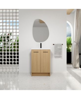 24 Inch Freestanding Bathroom Vanity with Resin Sink, Modern Light Wood Cabinet, Soft-Close Doors and Adjustable Shelf