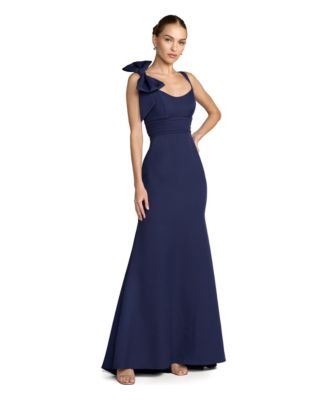Women's Petite Sleeveless Crepe Gown with Scoop Neck and Bow Detail