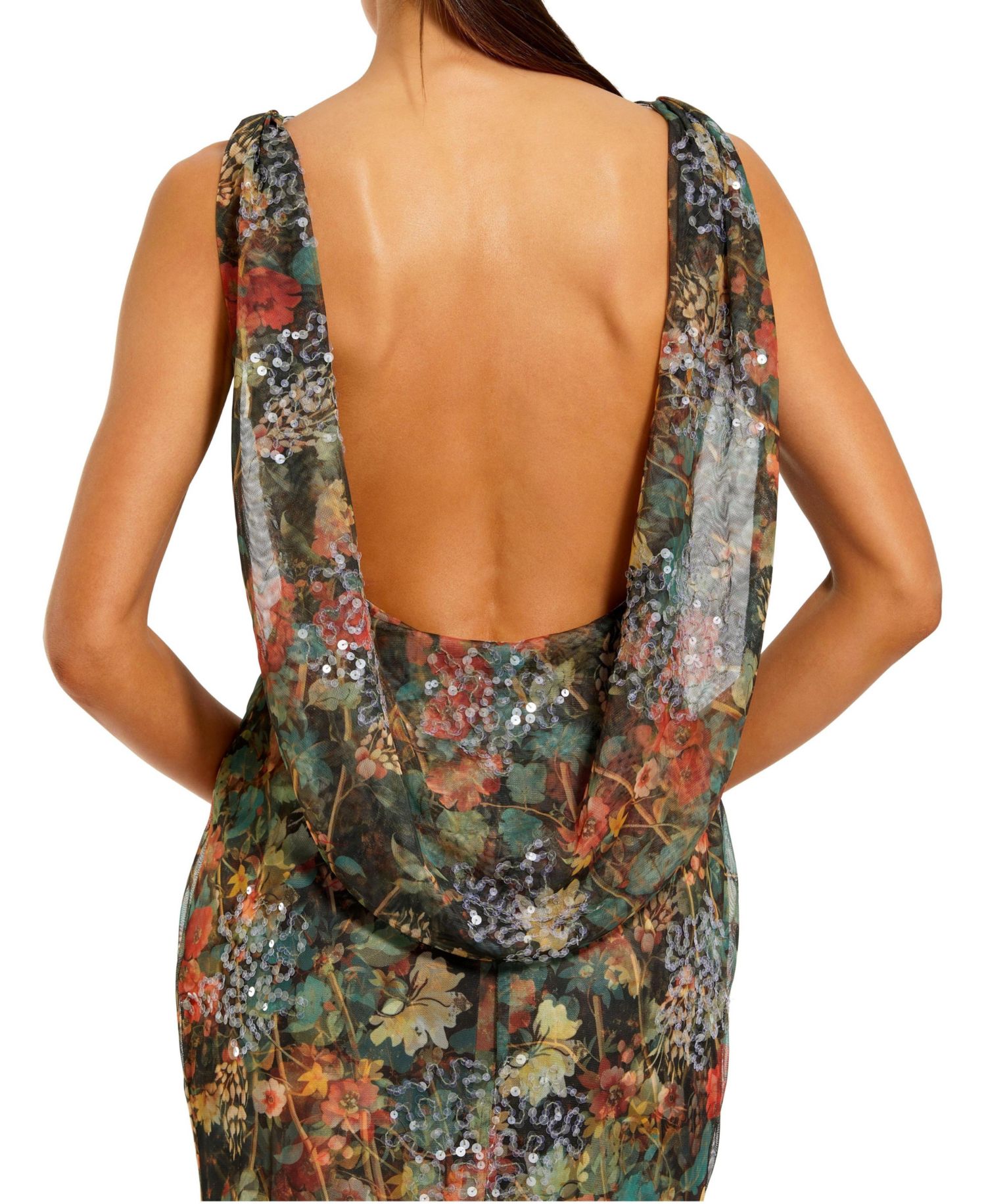 Women's Sequin Floral Ruched Draped-Back Gown