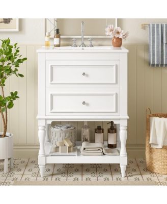 24" French White Simple Solid Wood MDF Bathroom Vanity With Ceramic Sink, 2 Drawers Adjustable Shelf, 4" Faucet Fit