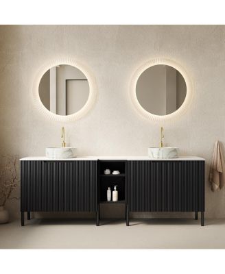 72 Inch Bathroom Vanity with Double Vessel Sinks, Sintered Stone Countertop, Soft Close Doors, Open Shelf Storage