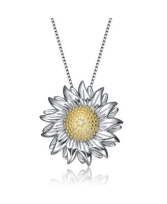 Unique Sterling Silver Two-Tone Sunflower CZ Pendant Necklace
