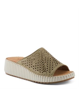 Women's Rhydian Slip-On Leather Wedge Sandals – Perforated Flower Design, Cushioned Footbed