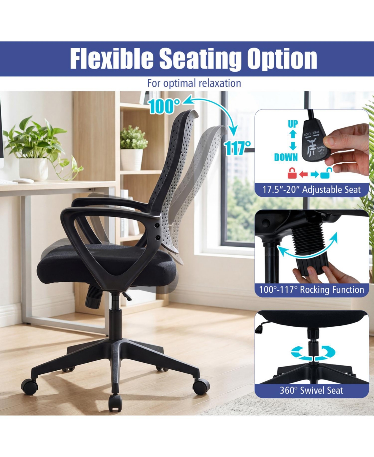 Slickblue Height Adjustable Computer Desk Chair with Ergonomic Support