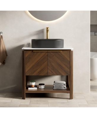 Modern Bathroom Vanity with Vessel Sink, Sintered Stone Countertop, Soft Close Solid Wood 3D Doors, Open Shelf Storage