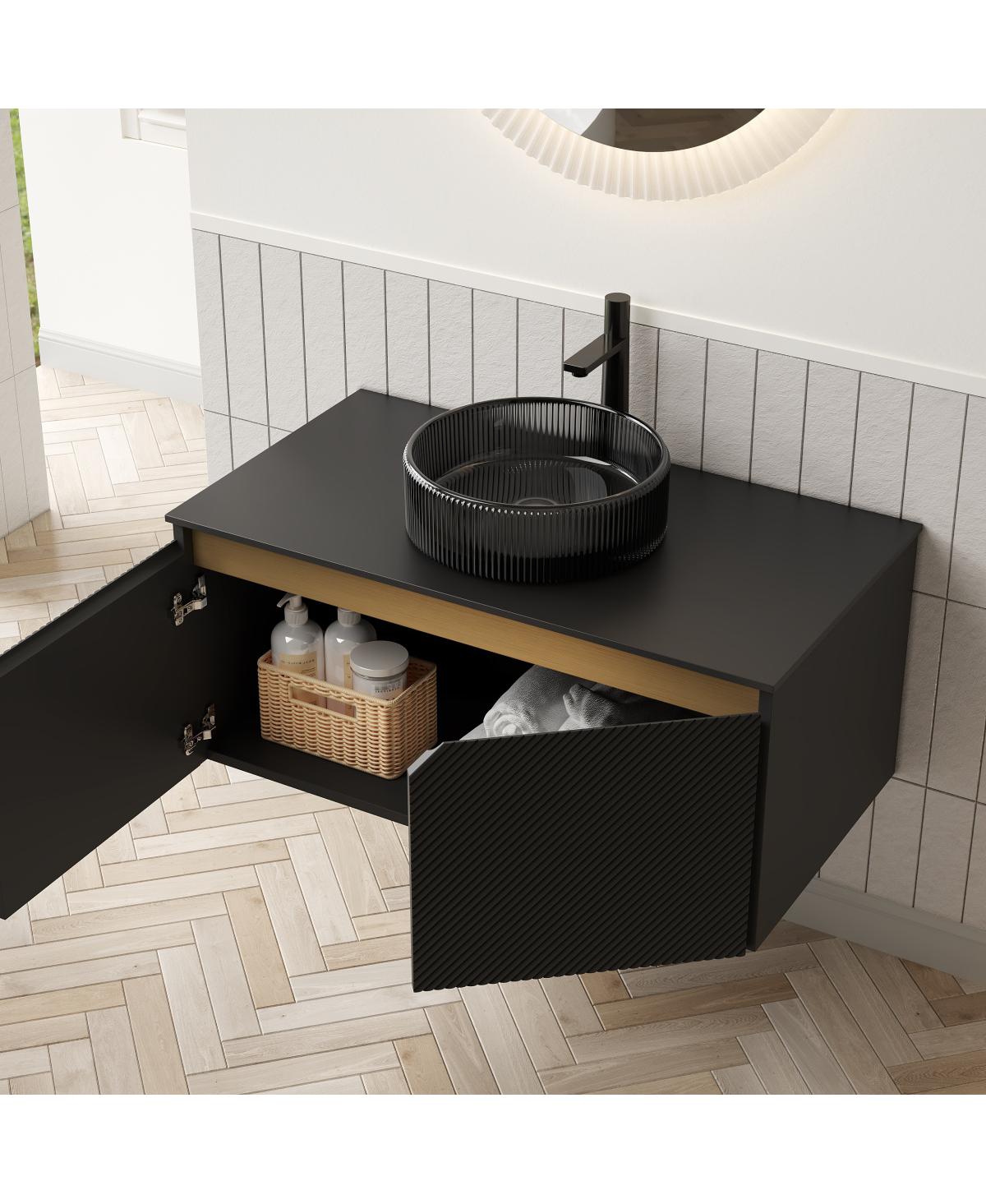 Sillysis Wall Mounted Bathroom Vanity with Glass Basin, Sintered Stone Top, Soft Close Door