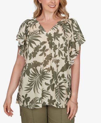 Plus Size Tropical Print Gauze Flutter-Sleeve Top