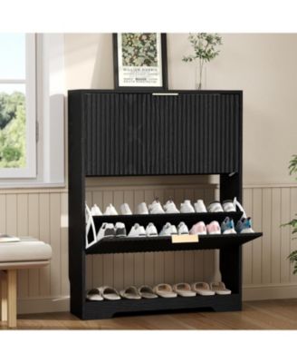 Fluted Shoe Cabinet for Entryway with 2 Flip Drawers, Narrow Shoe Rack with Open Storage and Adjustable Shelf, 29.9"W x 9.4"D x 40"H