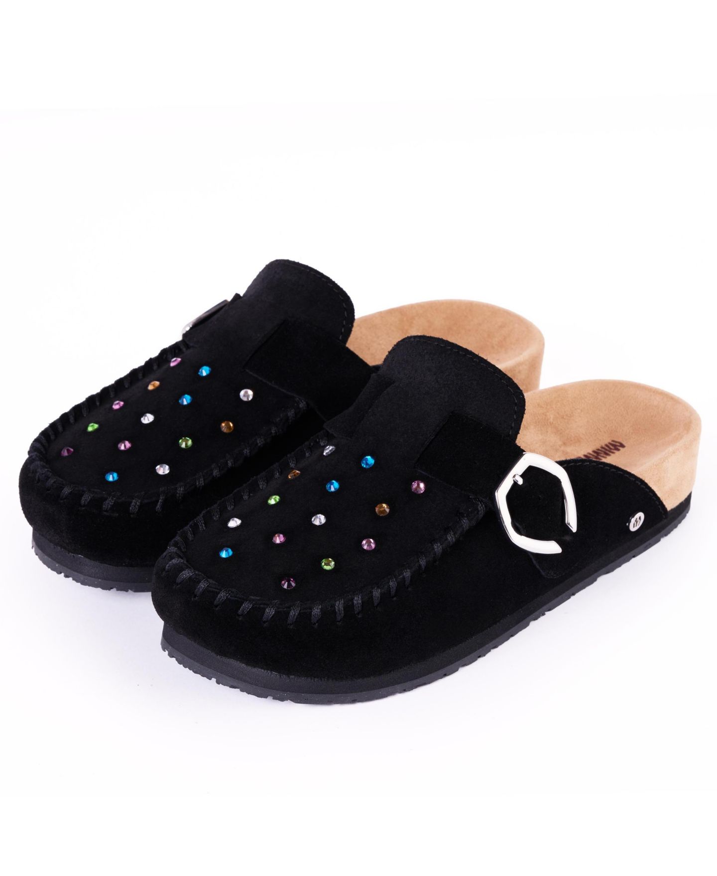 Женские сабо Minnetonka Rhinestone Suede Adjustable Buckle, цвет: Чёрный — фото 4