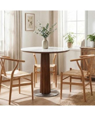 Round Dining Table, Solid Wood Dinner Table with Thickened Top and Steel Pedestal, Mid Century Modern Bistro Table