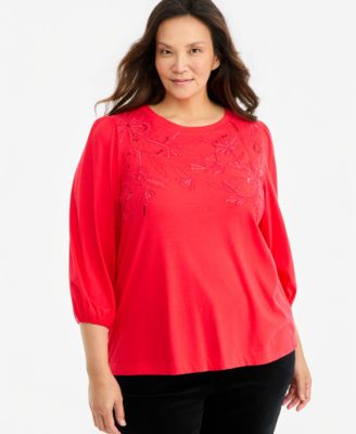Plus Size 3/4-Sleeve Shine Embroidery Top