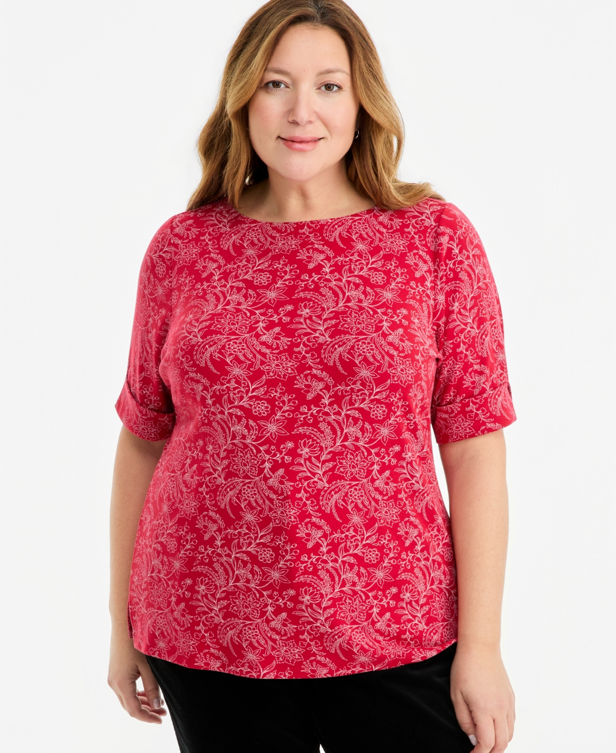 Style & Co Plus Printed Boat-Neck Elbow Sleeve Top