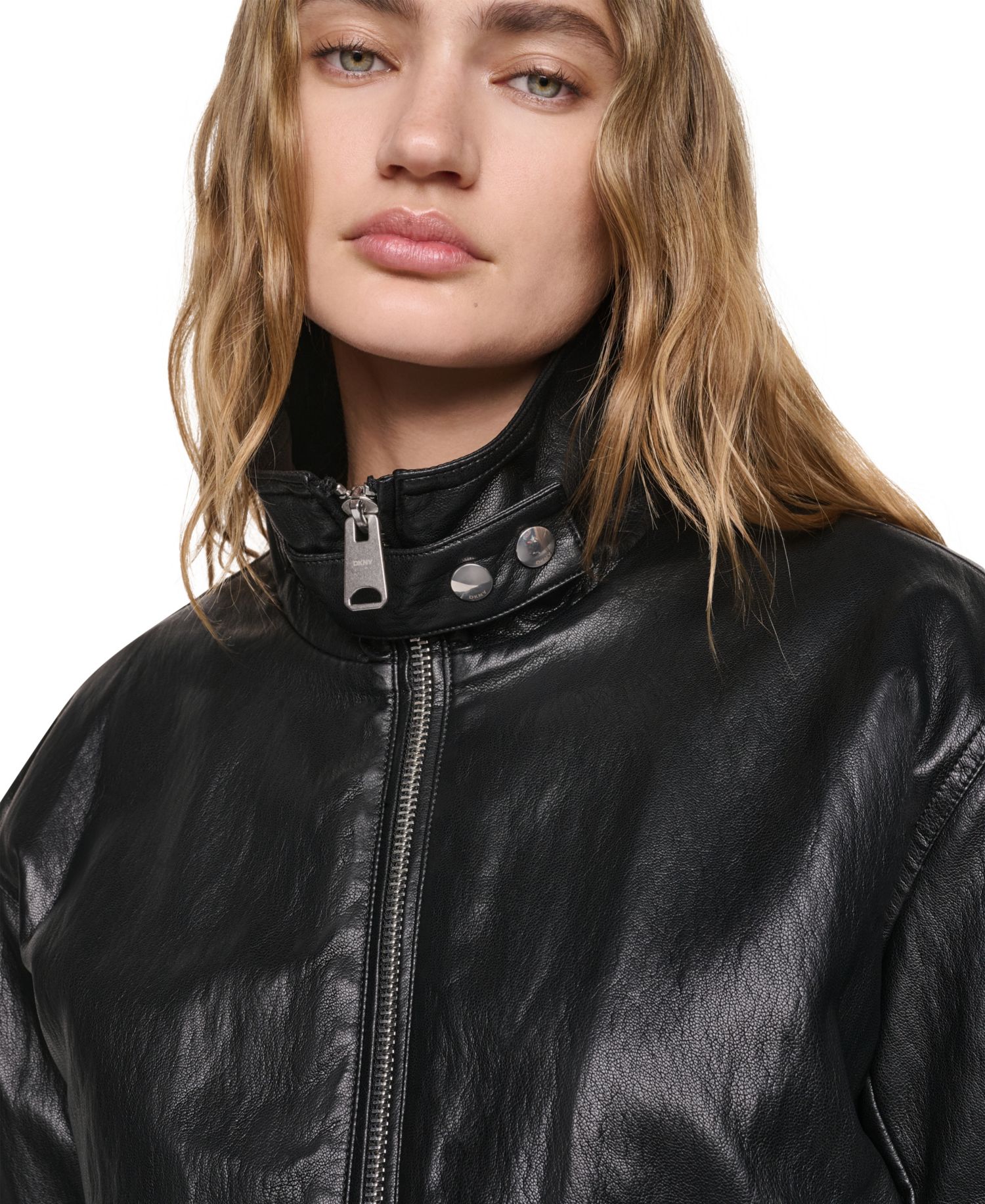 Petite High-Collar Faux-Leather Bomber Jacket