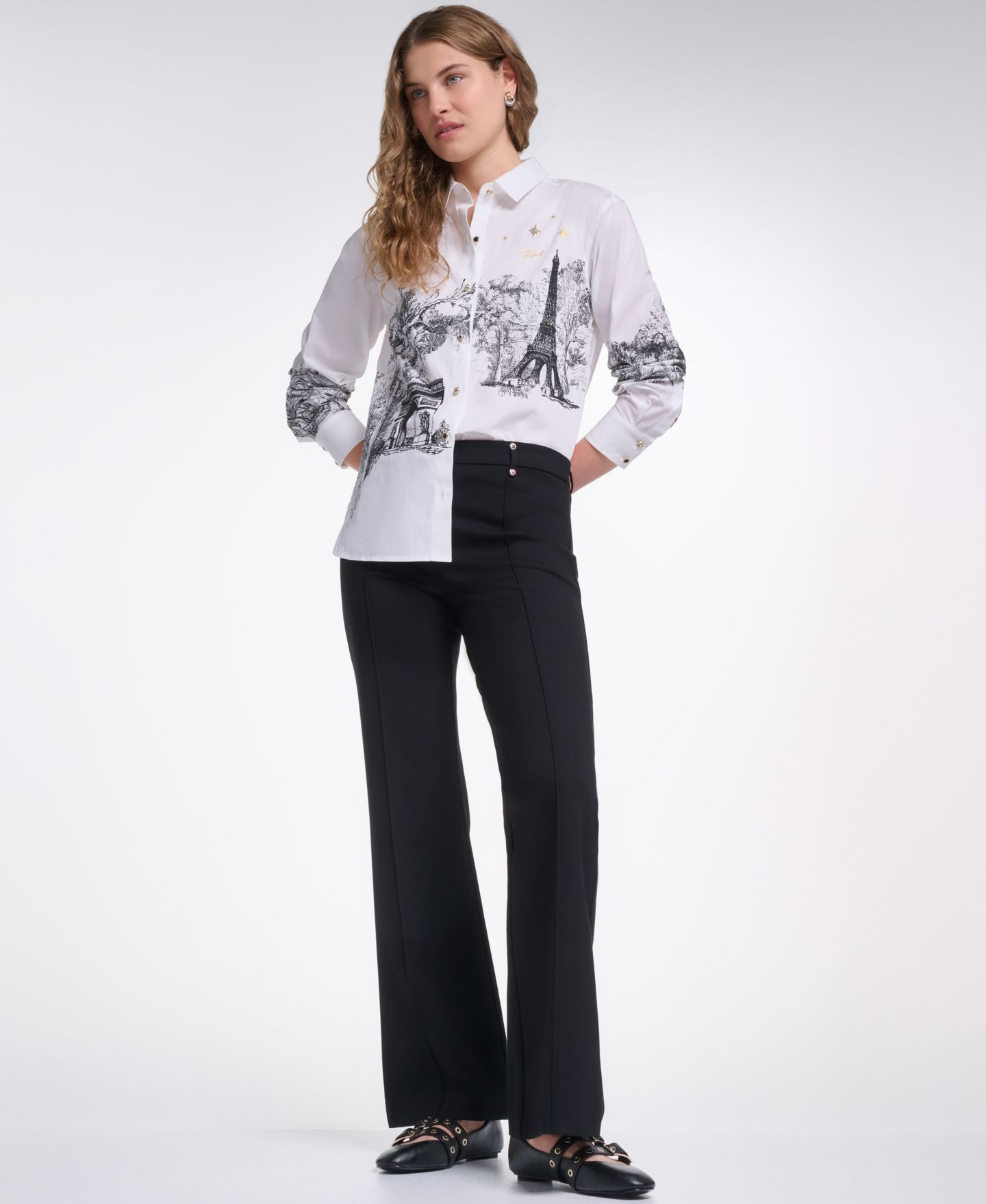 Женская рубашка KARL LAGERFELD PARIS Petite Parisian Graphics Long-Sleeve Shirt, цвет: Белый — фото 6