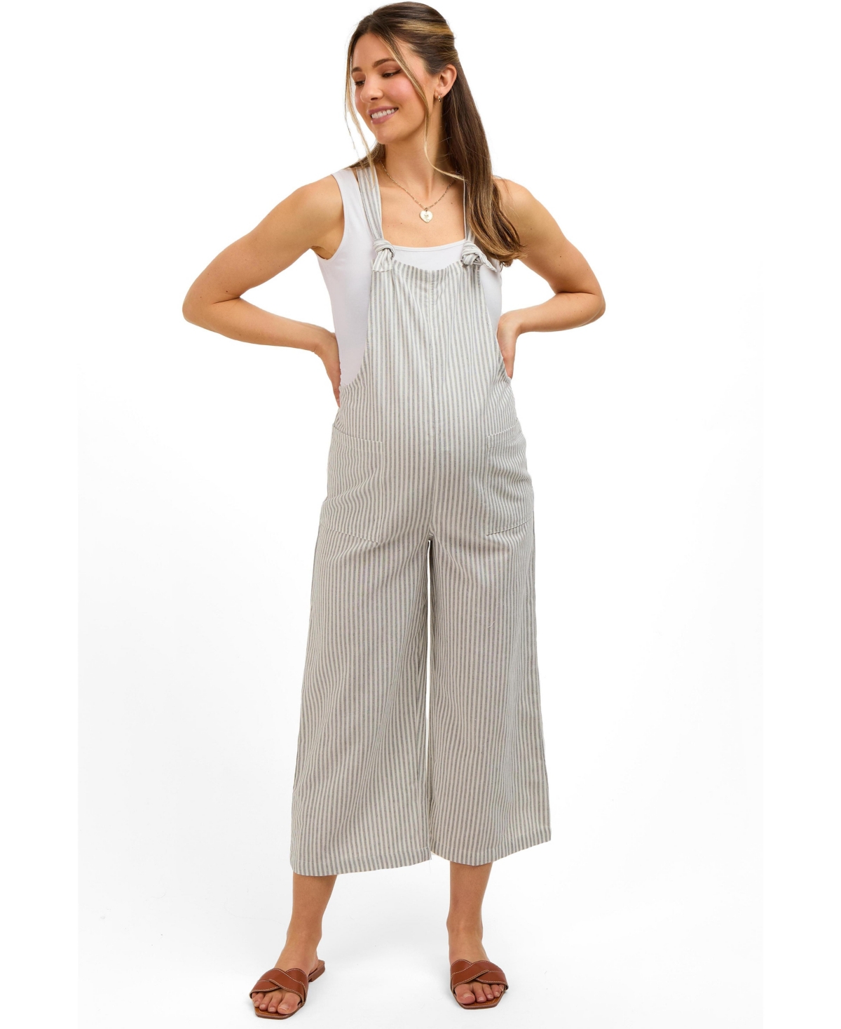 Pinkblush Maternity Grey Striped Linen Overalls