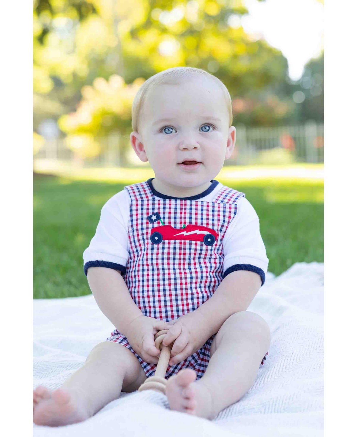 Florence Eiseman Baby Boy Plaid Seersucker Shortall With Derby Car