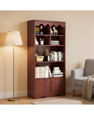 Modern Wave Top Bookcase, Wood and Melamine Board Storage Cabinet with Gold Handles, 6-Cube Organizer Cabinet Easy Assembly for Home Office