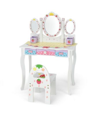 Kids Vanity Dressing Table and Chair Set with Tri-Fold Mirror