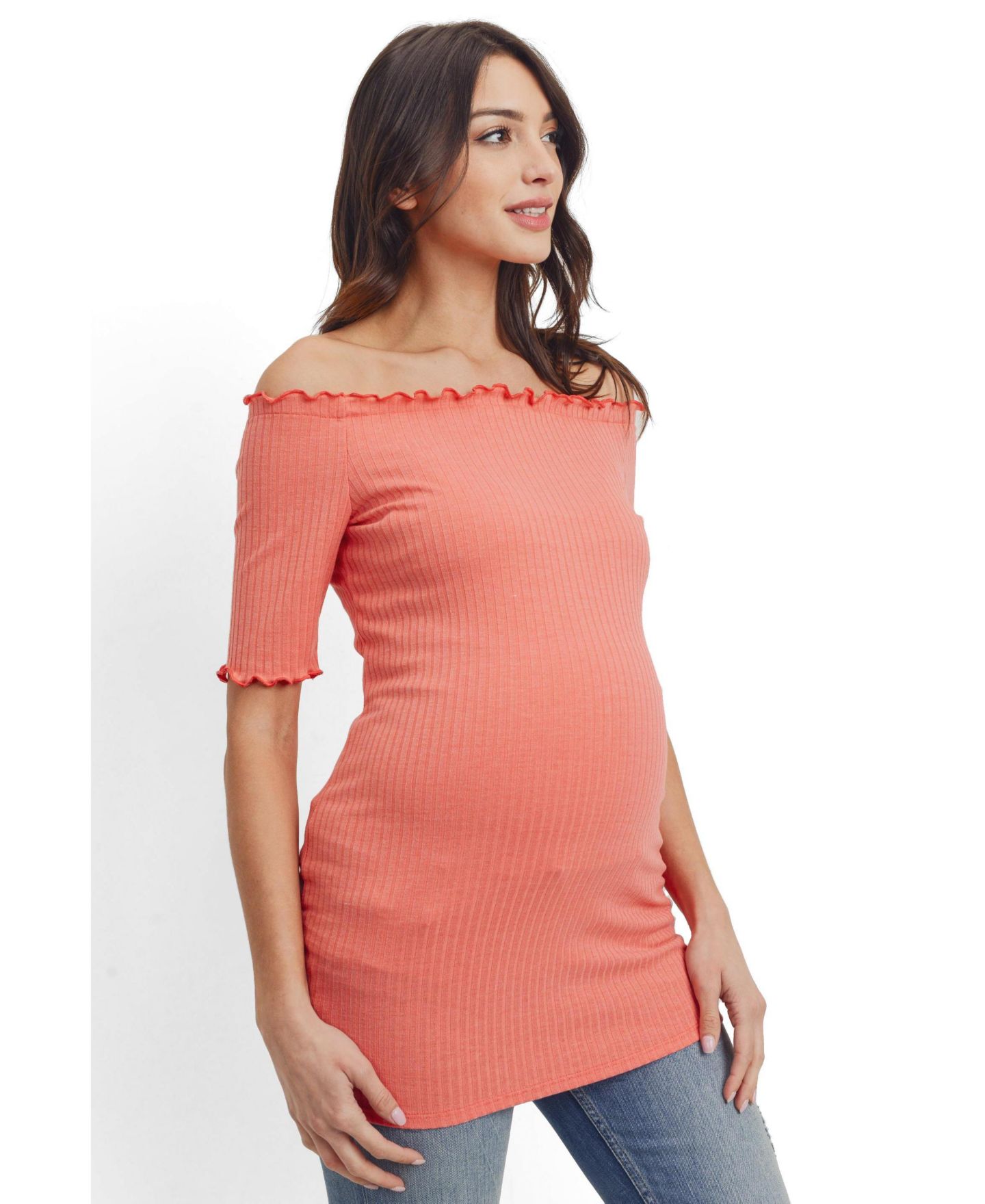 Женский топ Hello Miz Maternity Off-the-Shoulder Ribbed Tunic Top, цвет: Коралловый — фото 2