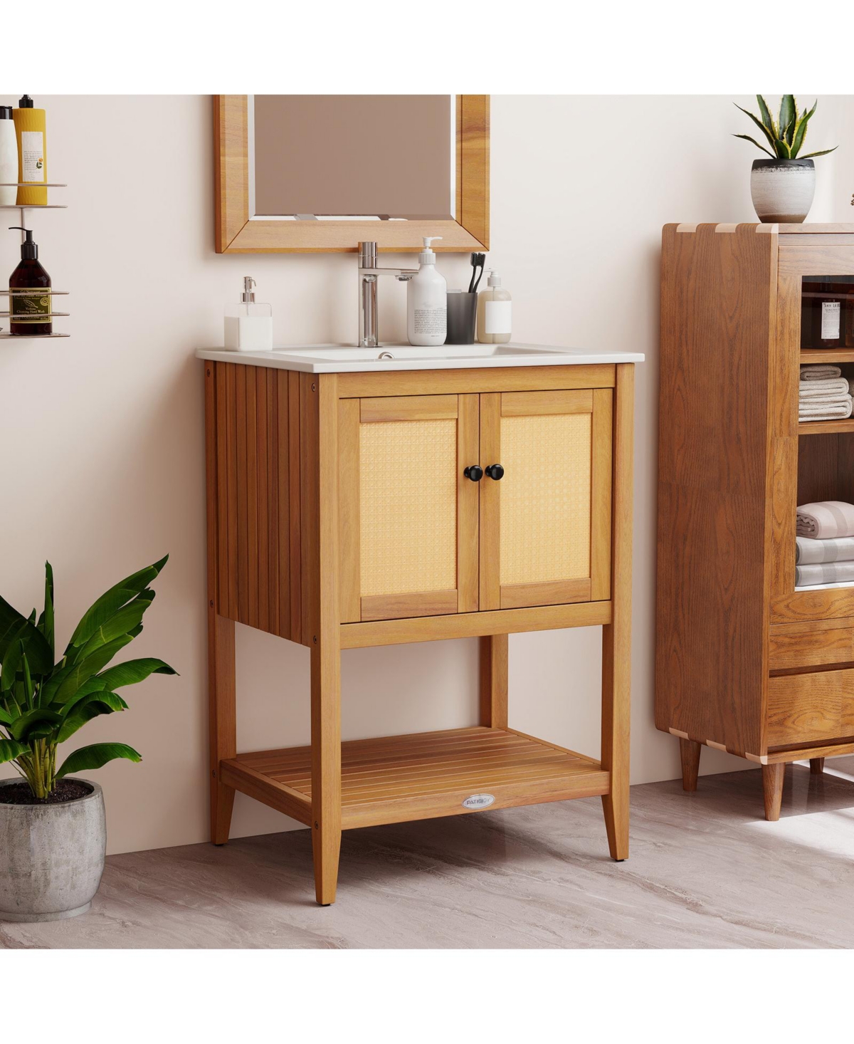 Volenca Bathroom Vanity with Ceramic Sink, Rattan Doors, and Slatted Shelf