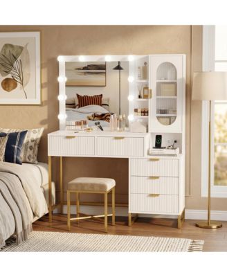 Makeup Vanity Desk with Lights and Mirror, 3 Dimmable Light Modes, 5 Rattan Front Drawers, Hidden Cabinet, Built-in Power Strip, Metal Frame