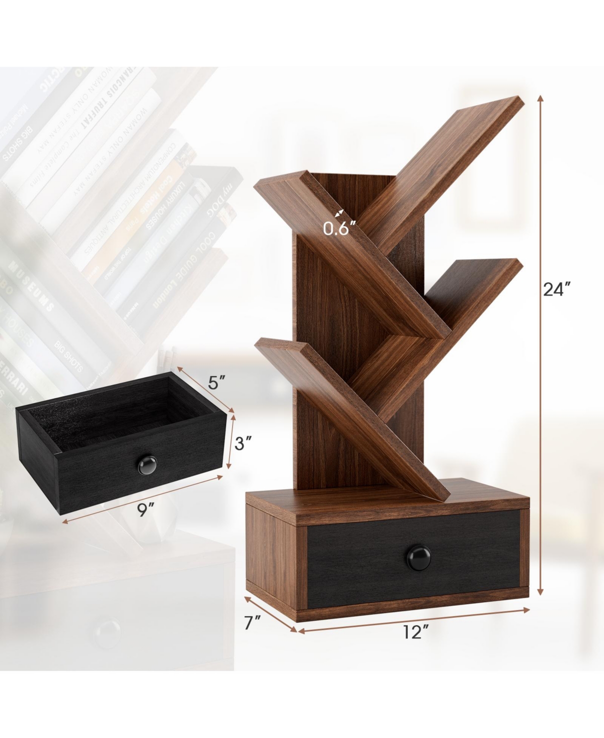 Gouun 24 Inch Tall Compact Tree-Shape 5-Tier Bookcase with Drawer for Desk and Corner