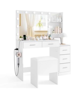 Makeup Table Set Vanity Desk with Storage Stool Power Outlets 2 Open Shelves